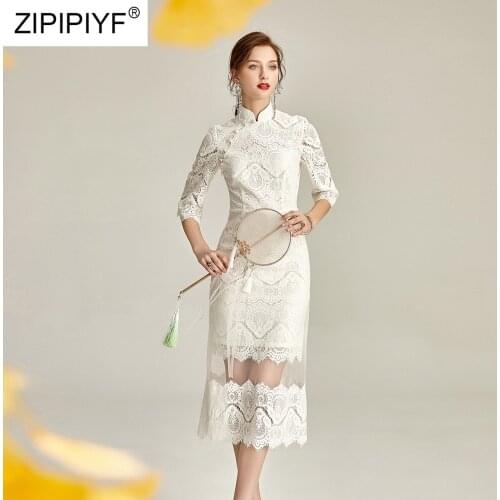2019 White Lace Embroidery Vintage Ladies Dress Chinese Style Slim Classic Mandarin Collar Three Quarter Elegant Cheongsam YIN03