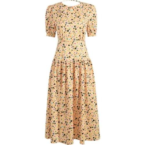 Puff Sleeve Sweet Design Bandage Sexy Beach Maxi Dresses French Retro Floral Yellow Split Fork Dress Women Party Vestido New