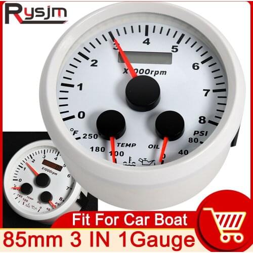 Auto 85mm Oil Pressure Water Temp Meter Tachometer 3 in 1 Gauge With Red Backlight For Car Boat Marine Yachts Digital Gauge