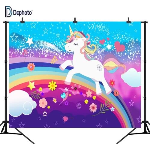 DePhoto Cartoon Unicorn on The Rainbow Newborns Birthday Seamless Vinyl Photography Backdrop Photo Background Studio Prop