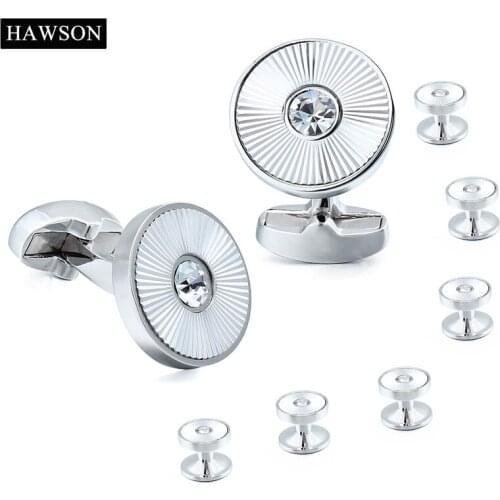 Brand Jewelry Cufflinks Studs Set White Crystal Round Tuxedo Set for Wedding Men High Quality Free Luxury Gift Box