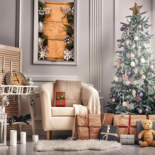 Tapestry Pine Tree Branches Cones Silver Ornaments Baubles Snowflakes on Wooden Wall Festive Photo Brown White Green