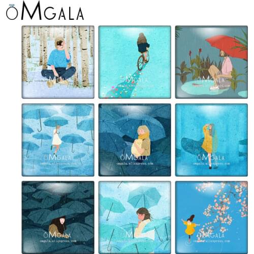 Blue romantic woman with umbrella illustrations 10pcs 12mm/20mm/25mm/30mm photo glass cabochon demo flat back Making findings