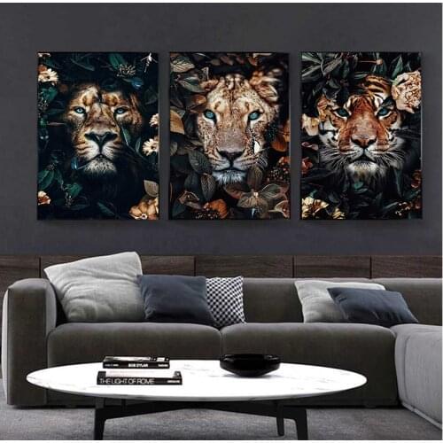 Nordic Canvas Painting Flower Animal Lion Tiger Deer Leopard Posters Prints Wall Art Picture Modern Style Living Room Decoration