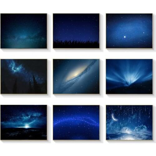Nordic Blue Sky Landscape Canvas Painting Blue Shining Starry Sky Quiet Frameless Art Poster Wall Pictures for Living Room Decor