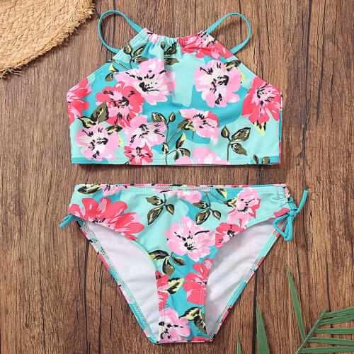 Floral Girl Swimsuit Swimwear Kids Two Piece Childrens Swimwear Halter Top Girl Bikini Set 7-14 Years Girls Bathing Suit 2022