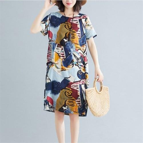 2021 Summer Fashion New Mid-Length Literary Fan Printing Round Neck Short-Sleeved Cotton And Linen Comfortable Dress Female H004