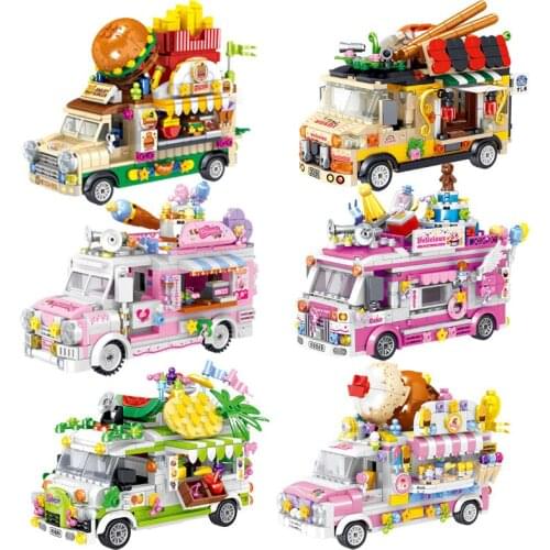 Mini Particle Streetmini Assembling Building Block Toy Cart Cake Fruit Food Vending Cart Dessert Cart Toy