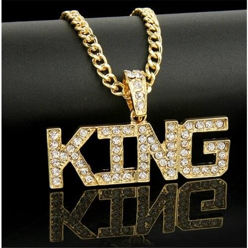 Men Hip Hop Full Rhinestone King Letter Shape Pendants Necklaces Bling Bling Iced Out Cuban Link Chain Hiphop Necklace Jewelry