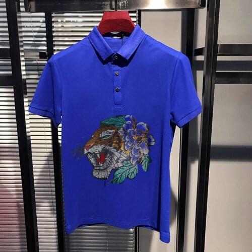 100% Cotton Mens Polo Shirt Trend Anti-Pilling Tiger Head Heavy Craft Short Sleeved New Technology Hot Drill Lapel Top