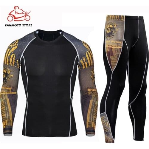 Mens motorcycle sets MMA Boxing Compression Jersey Pants +T-shirts Rashguard Kickboxing Tight Sportsuit Muay Thai Gym Fightwear