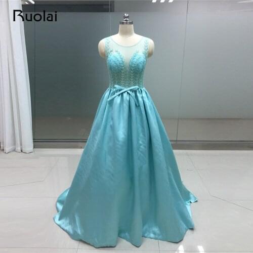 Real Image Sexy 2019 Evening Dress Crystal Scoop Top Beads A-Line Satin Long Prom Dress Party Gown Vestido Festa with Sash PD27