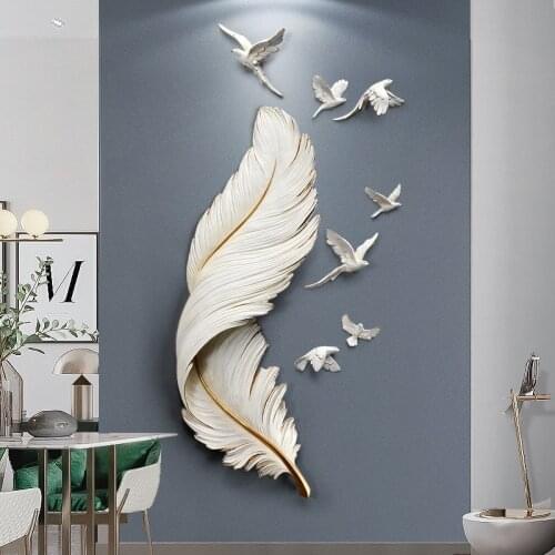 Nordic Luxury FRP Feather Wall Hanging Birds Home Livingroom Sofa Background Wall Sticker Crafts Office Wall Mural Decoration