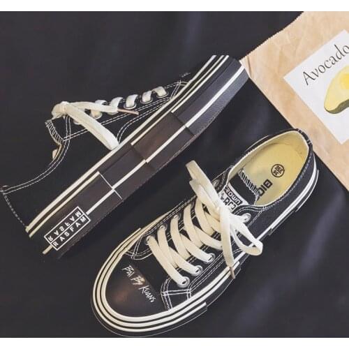 2020 Autumn New Black Canvas Shoes Womens Korean-Style Casual Trendy Shoes Low-Top Flat Student Sneakers Irregular Stylish Shoe