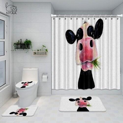 NYAA Cow Farmhouse Eat Grass Bathroom Set Funny Animal Painting Art WhiteWaterproof Shower Curtain Toilet Cover Mat Non Slip Rug