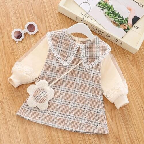 0-4 years old baby long-sleeved lace stitching dress spring and autumn new girl girl baby flower satchel plaid princess dress