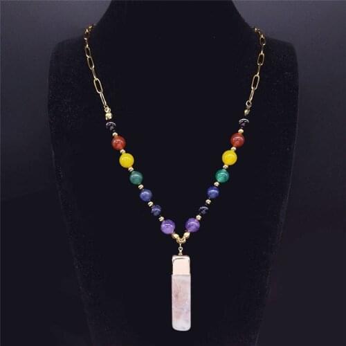 Big Long 7 Color Chakra Natural Stone Stainless Steel Chain Necklaces Women Gold Color Necklace Pendant Jewelry colgante N2S04