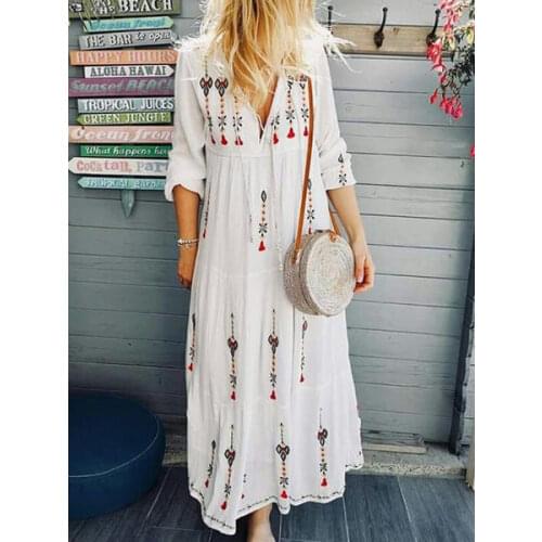 Printed Maxi Dress Drawstring Long Sleeve Summer Boho Beach Dresses V Neck Bohemian Beachwear 2020 New Fashion Clothesa