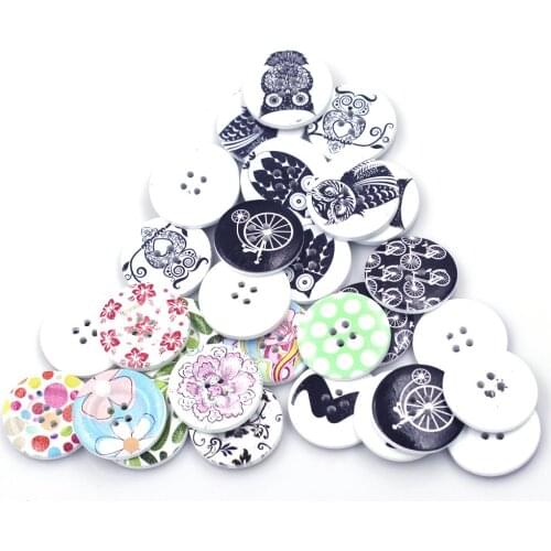 Mixed 30mm Round Wooden Buttons 4 Holes Owl Flower Bike Moustache DIY Coat Scrapbook Sweater Bag Decor Repair Sewing Accessories