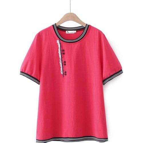 Plus Size XL-4XL Womens Embroidery Tshirts Full Cotton Short Sleeve Striped Tops Oversized A-line Shirts