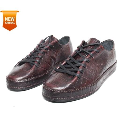 Handmade Modern Croco Sneakers with Wholecut Burgundy Crocodile Patterned Calf Leather, Leather Sewn Soles, Sport Fashion Shoes