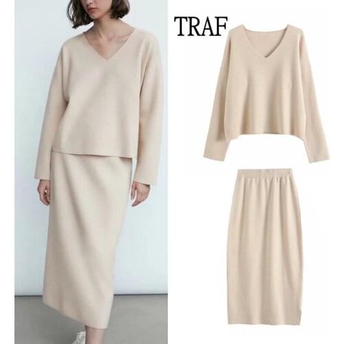 TRAF Za Women Sweater 2 Piece Set Fashion Loose Top Woman Knit Elegant Elastic Waist High-Waisted Long Skirt Female Office Suit