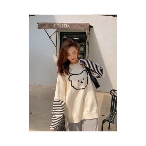 Sweaters for Women Fashion Kawaii Cartoon Bear Sweater Preppy Style O-Neck Pullover Patchwork Long Sleeve Loose Knitted Sweater