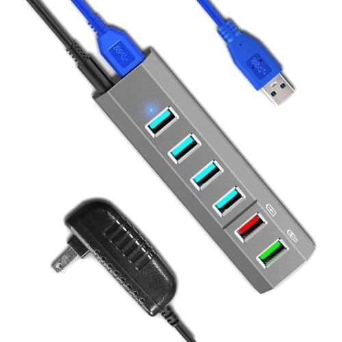 TOPESEL 6 Ports Super High Speed USB 3.0 Hub Splitter + 24W Power Adapter + USB 3.0 Cable, Grey Smart Fast Charger Power