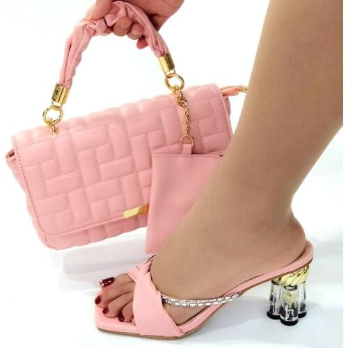 Fashion Pink High Heel 7CM Women Shoes With Rhinestones Decoration African Dressing Pumps Match Handbag Set CR8039