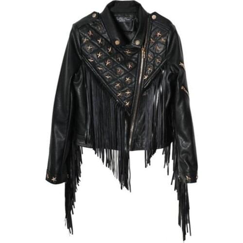 Spring Jacket Women Personality Long Tassel Rivets PU Leather Short Motorcycle Leather Jacket Black Coat