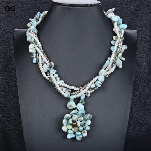 GuaiGuai Jewelry 5 Strands Pearl Larimar Crystal Pendant Necklace