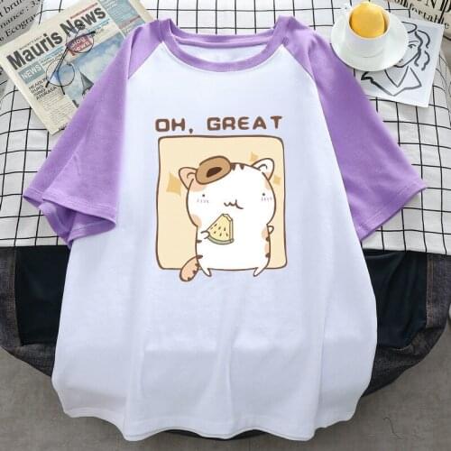 100% Cotton Summer Harajuku Women Splicing Tee Shirt Cute Hamster Print Casual T Shirt Short Sleeve Loose Oversized T-shirts Top