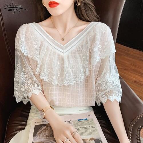Summer Lace Blouse Women New Short Sleeve Ruffle Stitching Chiffon Shirt V-neck Slim Sweet Solid Korean Chic Tassel Tops 15473