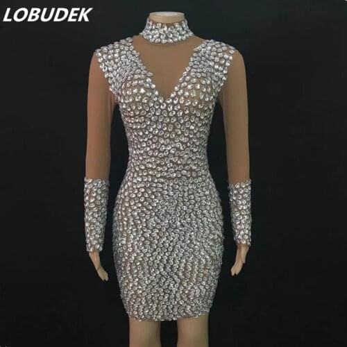 Women Birthday Prom Evening Party Rhinestones Mesh Dress Bar Club Singer Host Stage Performance Costume Crystals Stones Outfits