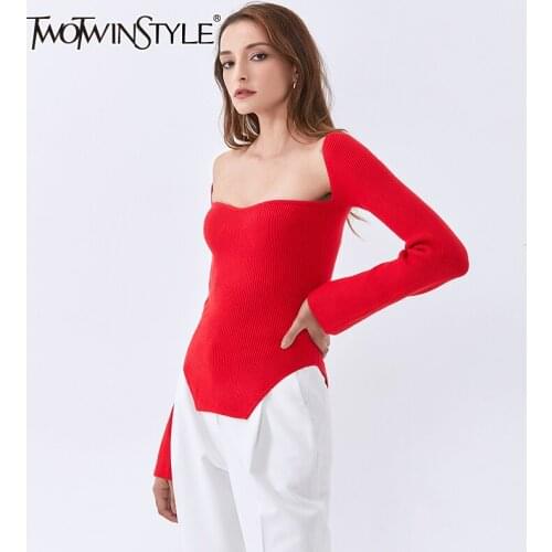 TWOTWINSTYLE Black Slim Sweater For Women Square Collar Long Sleeve Side Split Knitted Pullover Female 2020 New Clothing 2020