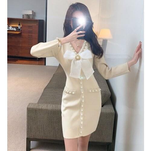 2021 Fall Womens Elegant Beaded Pearl Knit Mini Dress Solid Color V-neck Long Sleeve Big Bow Party Evening Pullover Vestidos