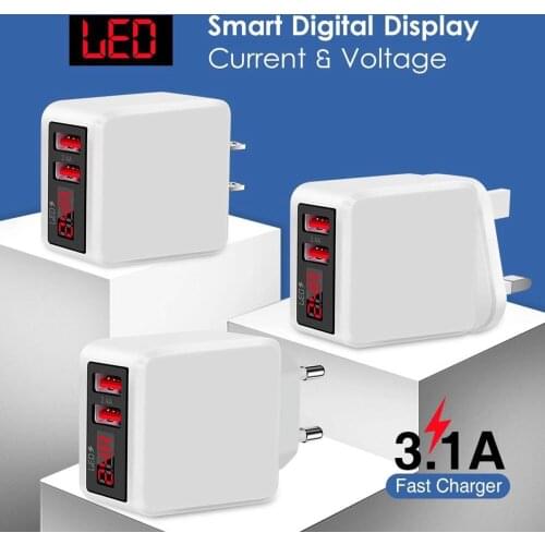 3.1A Portable Mobile Phone Fast Charging Charger with Dual-Port Digital Display