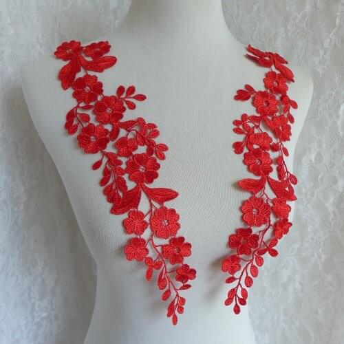 5 Pairs Red / White Floral Lace Trim Applique Fabrics Venise Lace Sewing Trims Decorate With Wedding Blouses Shirts