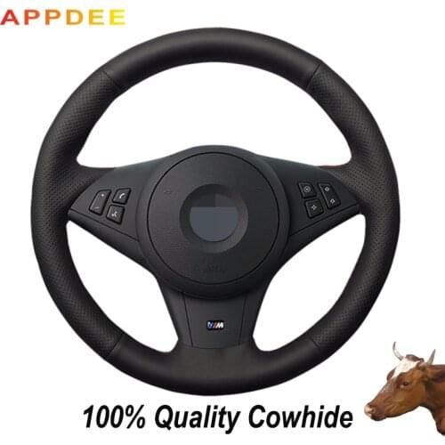 APPDEE Black Genuine Leather Car Steering Wheel Cover for BMW E60 530i E63 E64 635D M5 2005 2007 2008 M6 2007