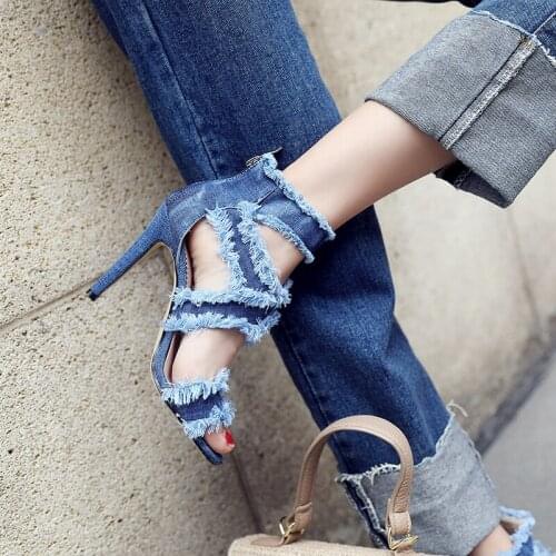 Women shoes 2021 high heels women Denim sandals for women sandals summer Thin Heels Fashion 33-43