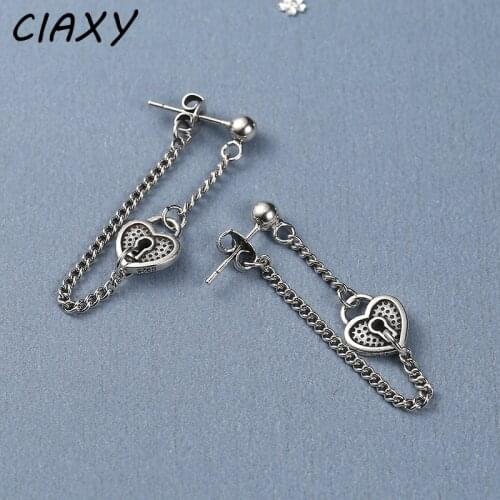 CIAXY 925 Sterling Silver Retro Love Heart Lock Earrings for Women Long Tassel Design Chain Earring 2021 Fashion Party Jewelry