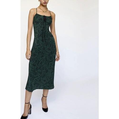 Women Tie String Front Dark Green Floral Print A-line Midi Dress With Shirred Smocked Detail S858