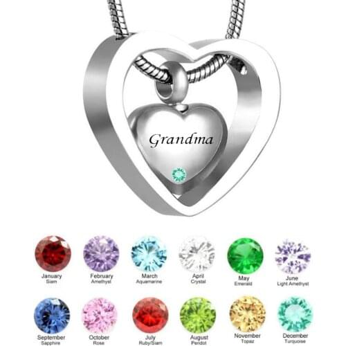 Custom Double Heart grandma Twelve months birthstone Urn Necklace Pendant with Funnel ashes Keepsake Cremation jewelry