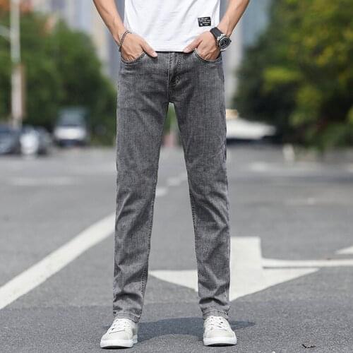 2021 Mid Softener Straight Midweight Full Length Casual Solid Blue Grey Denim Men Jeans Zipper Fly Slim Pants
