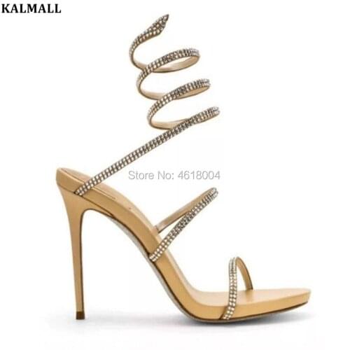 KALMALL Zapatos Mujer Women Crystal Sandals Snake Strap Thin Heels Glitter Gladiator Sandalias Party Dress Heels