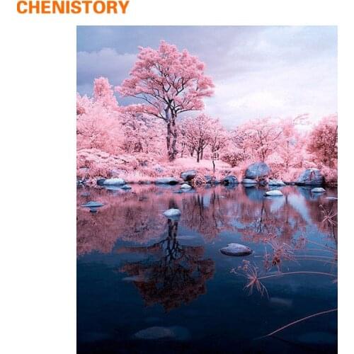 CHENISTORY Frame Picture DIY Painting By Number Pink Tree Landscape Acrylic Paint By Numbers Handpainted Picture By Numbers Art