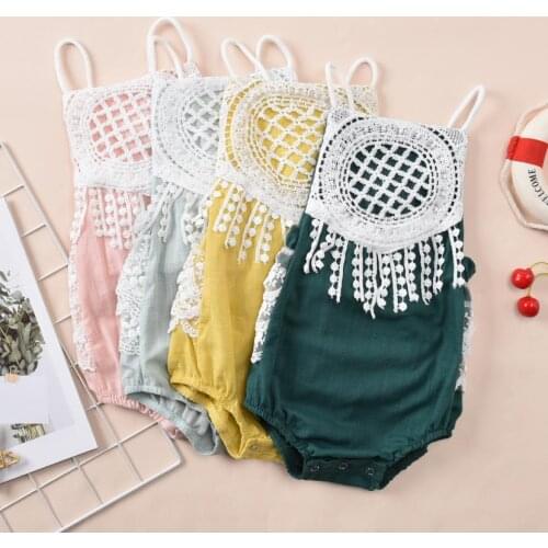 Summer Baby KIds Lace Tassels Jumpsuit Toddler Girl Solid Color Square Neck Sling Backless Romper Baby Bodysuits