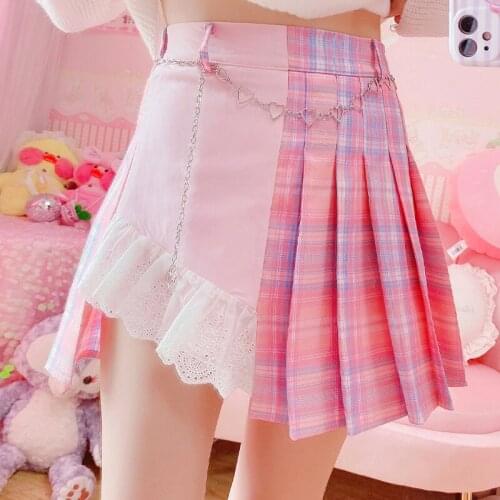 Harajuku Kawaii Pink Plaid Mini Skirt Women Gothic High Waist Lolita Cosplay Cute Lace Vintage School Girl Fashion Short Skirts