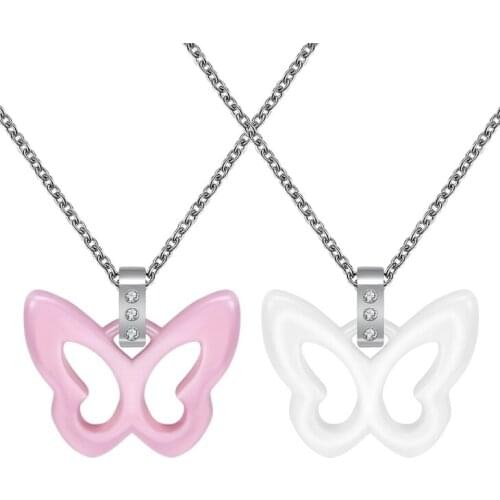 Fashion White pink Butterfly ceramics 316L Stainless Steel pendant necklaces for women jewelry wholesale