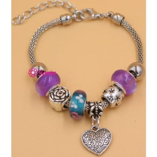 Fashionable Jewelry European Beaded Bracelet Green Purple Bead Heart Charm Bracelets for Mothers Day MOM Gift
